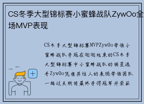 CS冬季大型锦标赛小蜜蜂战队ZywOo全场MVP表现
