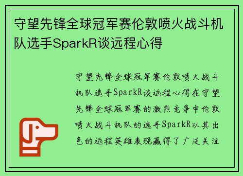 守望先锋全球冠军赛伦敦喷火战斗机队选手SparkR谈远程心得